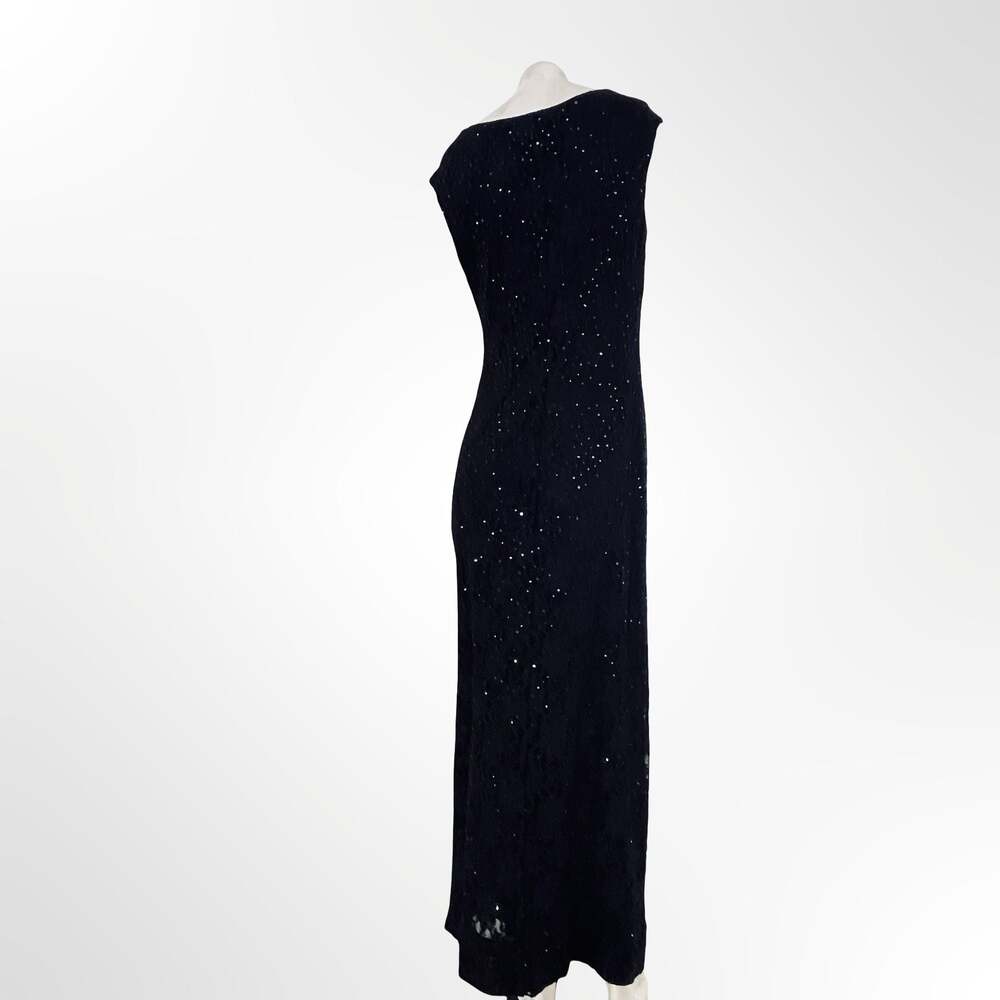Connected Apparel Women's Navy Sequin Lace Cowl Neck Sleeveless Gown - Picture 4 of 7